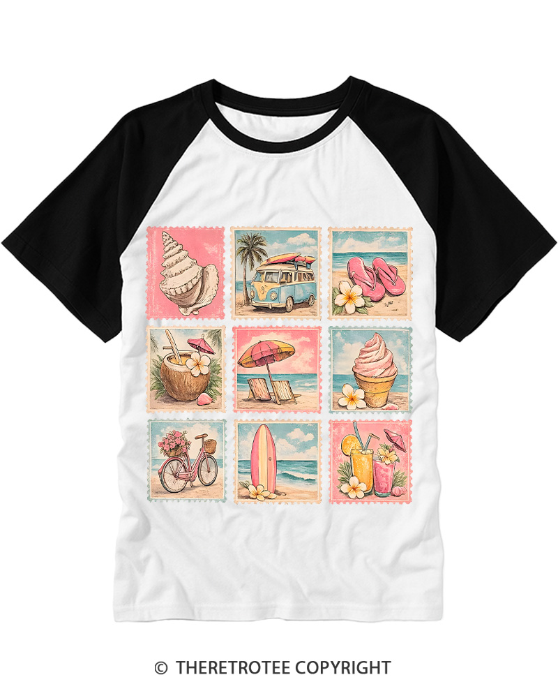 TheRetroTee Beach Stamp Graphic 1980s Raglan Baseball T-Shirt