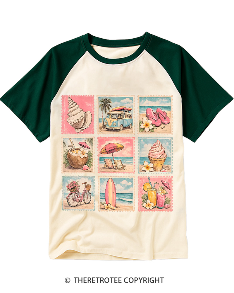 TheRetroTee Beach Stamp Graphic 1980s Raglan Baseball T-Shirt