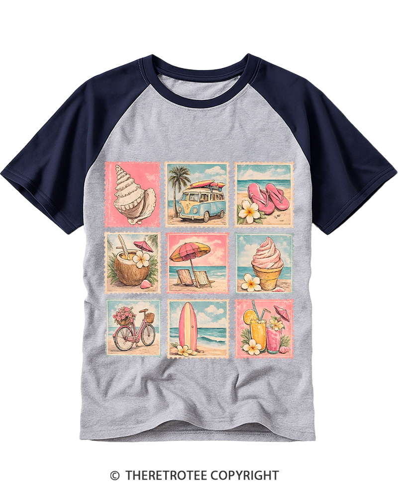 TheRetroTee Beach Stamp Graphic 1980s Raglan Baseball T-Shirt