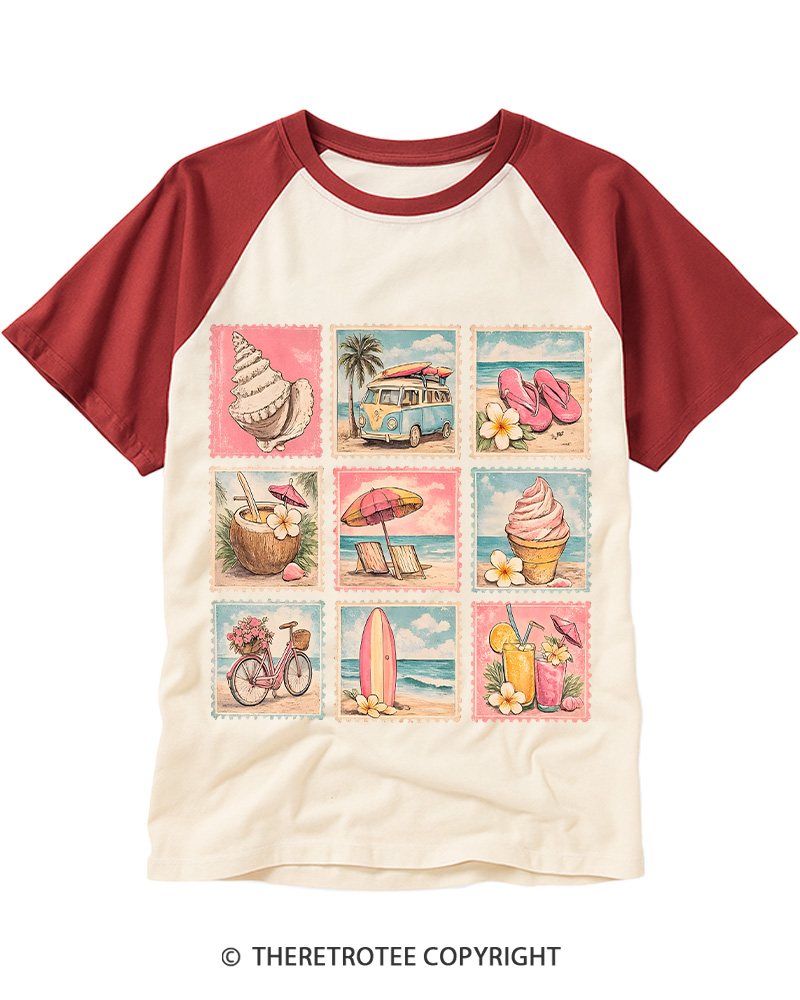 TheRetroTee Beach Stamp Graphic 1980s Raglan Baseball T-Shirt