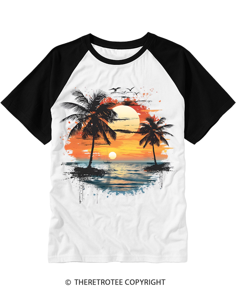 TheRetroTee Beach Sunset With Palm Trees 1980s Raglan Baseball T-Shirt