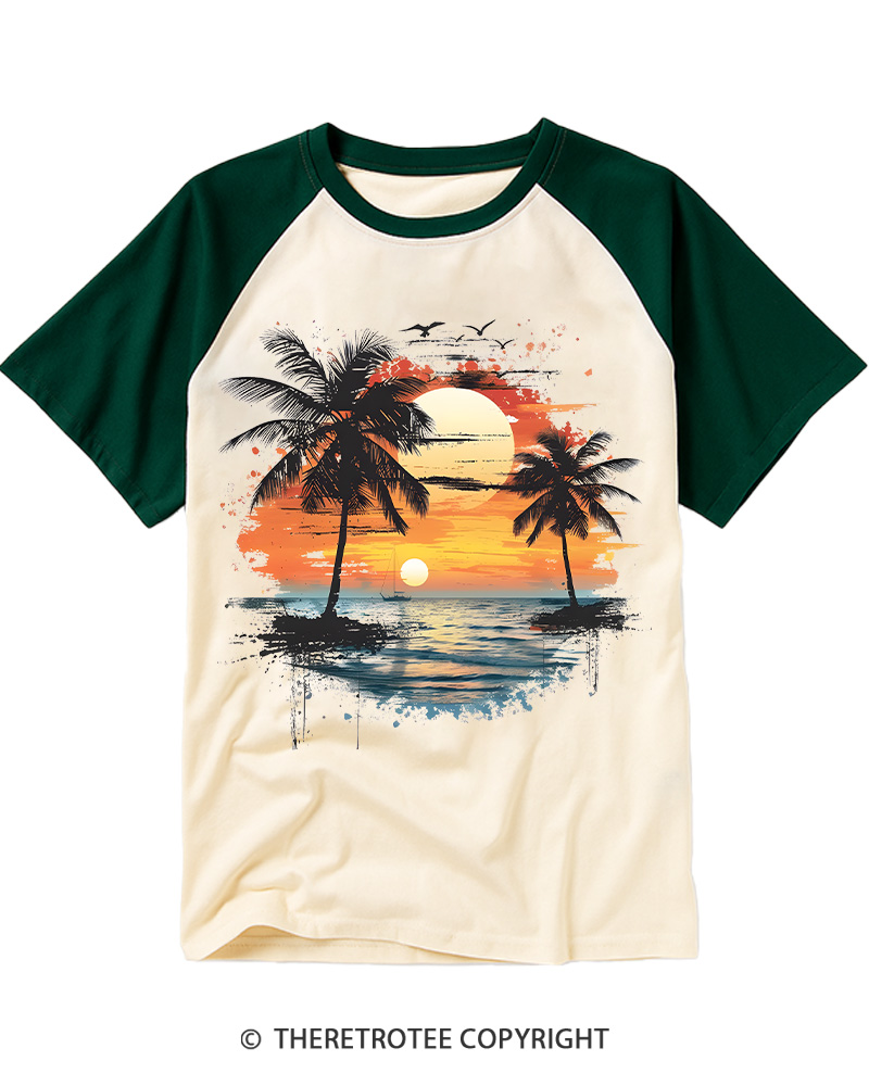 TheRetroTee Beach Sunset With Palm Trees 1980s Raglan Baseball T-Shirt