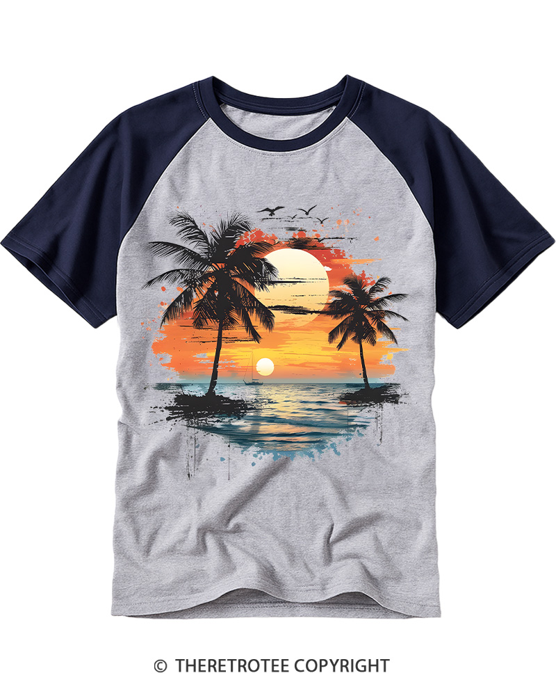 TheRetroTee Beach Sunset With Palm Trees 1980s Raglan Baseball T-Shirt