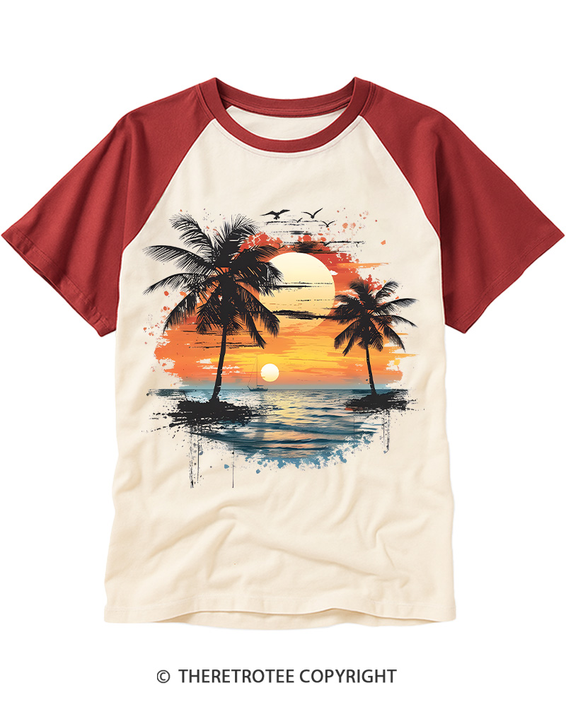 TheRetroTee Beach Sunset With Palm Trees 1980s Raglan Baseball T-Shirt