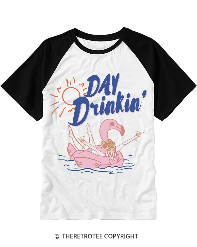TheRetroTee Day Drinking 1980s Raglan Baseball T-Shirt