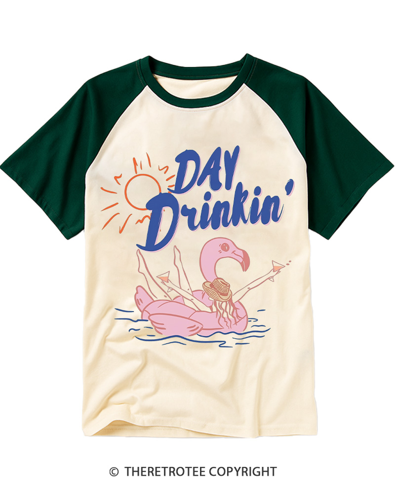 TheRetroTee Day Drinking 1980s Raglan Baseball T-Shirt