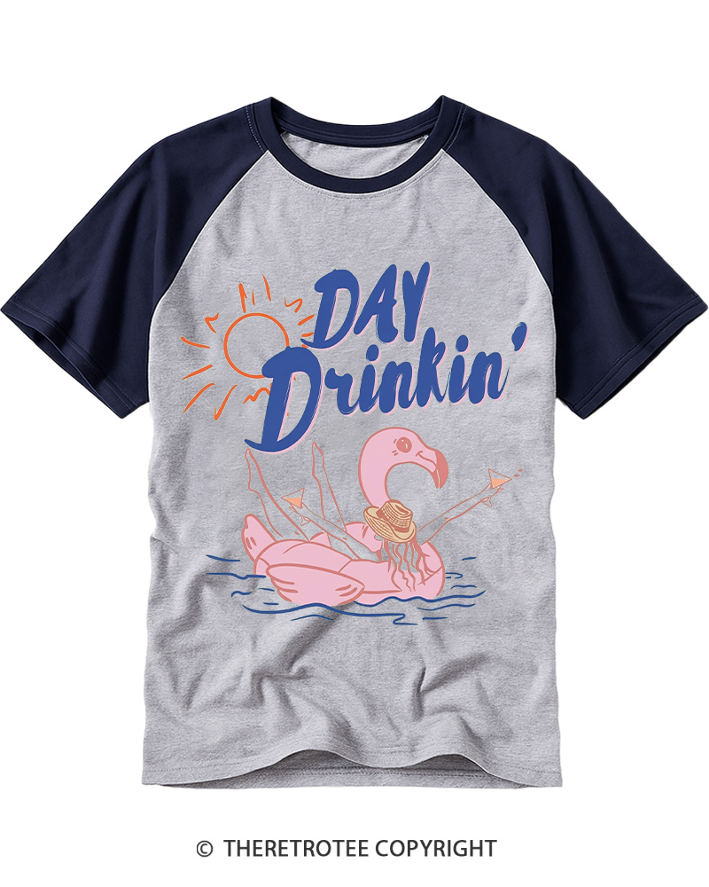 TheRetroTee Day Drinking 1980s Raglan Baseball T-Shirt