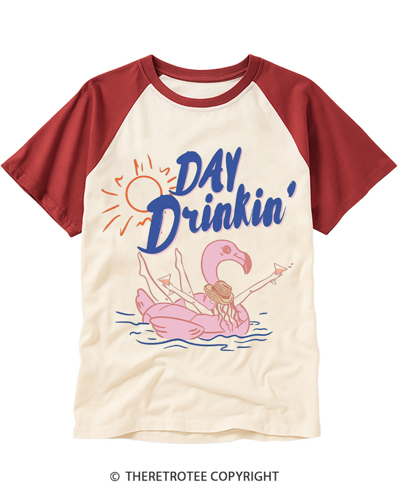 TheRetroTee Day Drinking 1980s Raglan Baseball T-Shirt