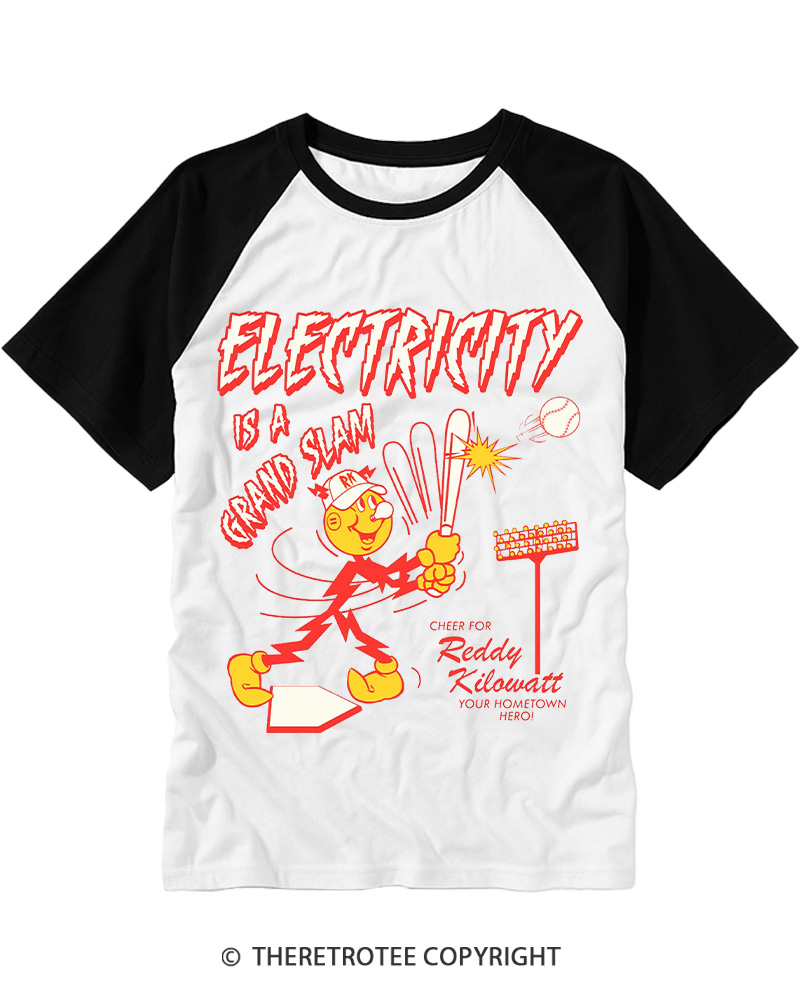 TheRetroTee Electricity is a Grand Slam 1960s Raglan Baseball T-Shirt