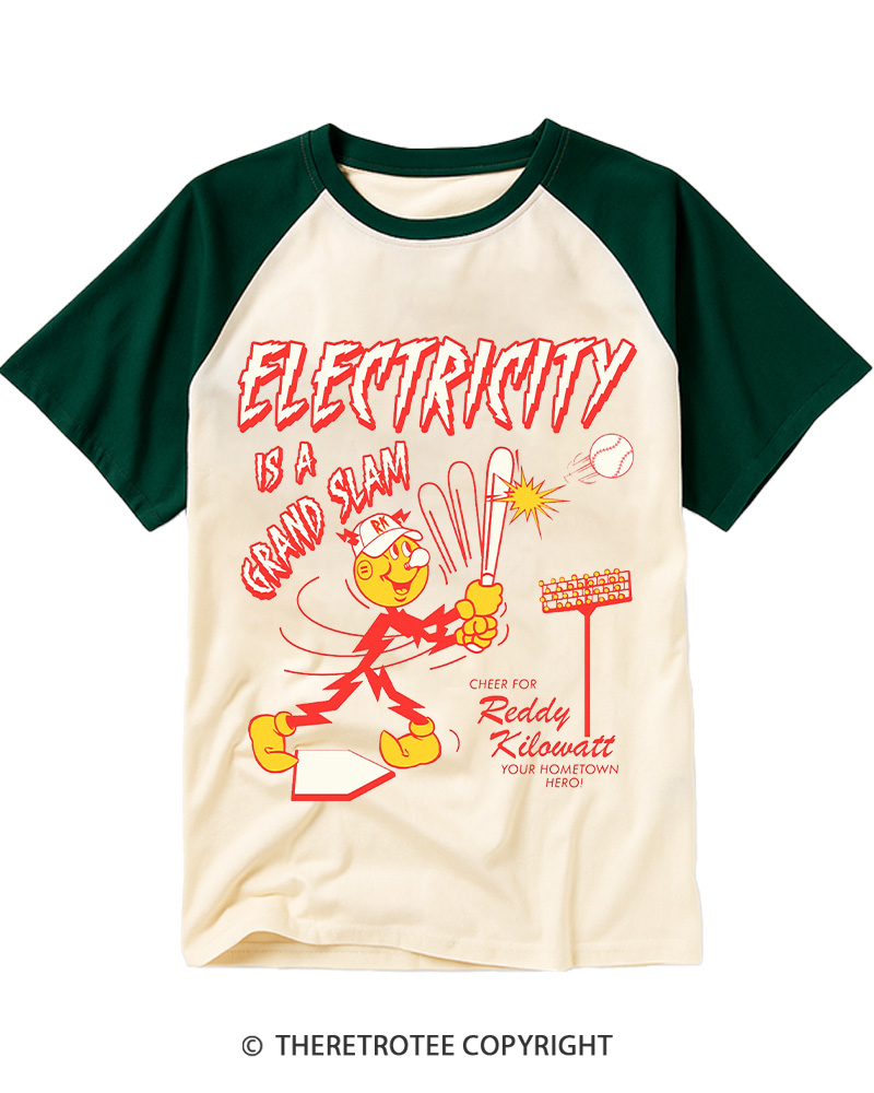 TheRetroTee Electricity is a Grand Slam 1960s Raglan Baseball T-Shirt