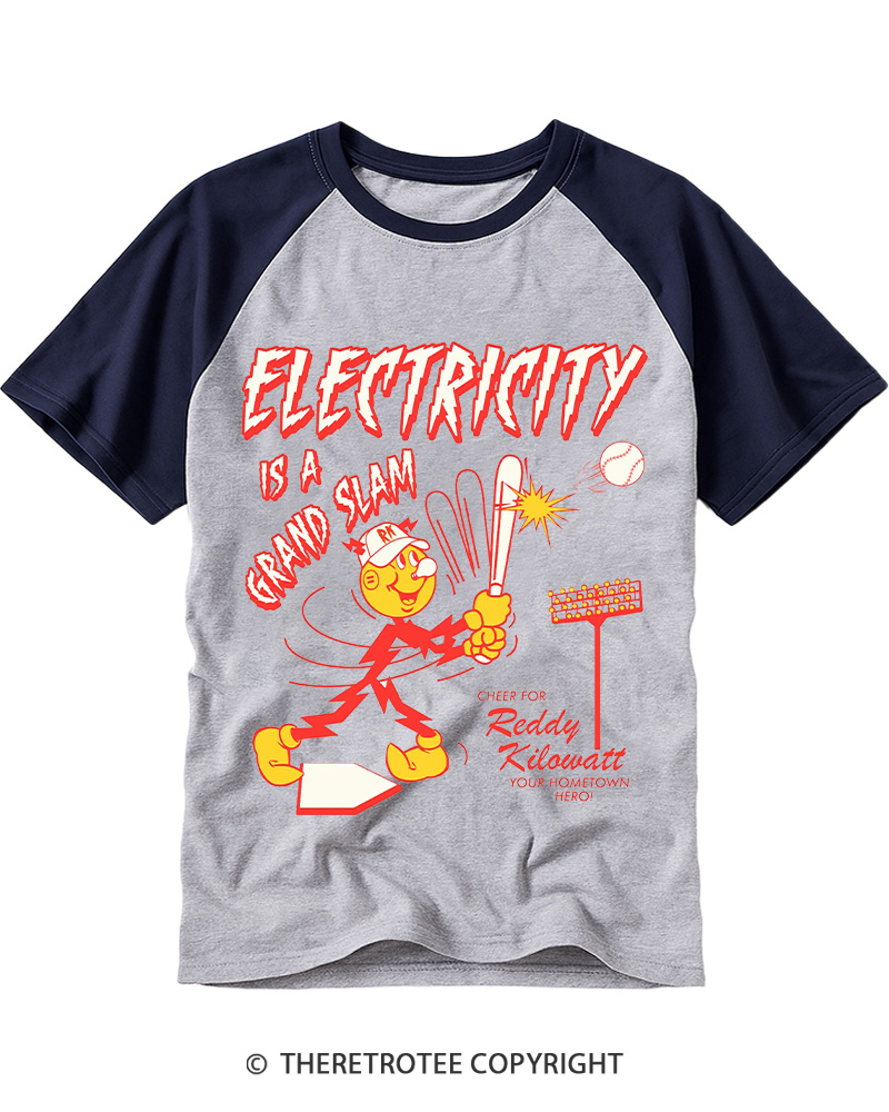 TheRetroTee Electricity is a Grand Slam 1960s Raglan Baseball T-Shirt
