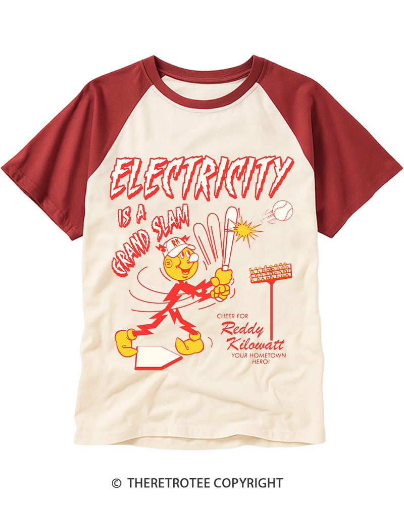 TheRetroTee Electricity is a Grand Slam 1960s Raglan Baseball T-Shirt