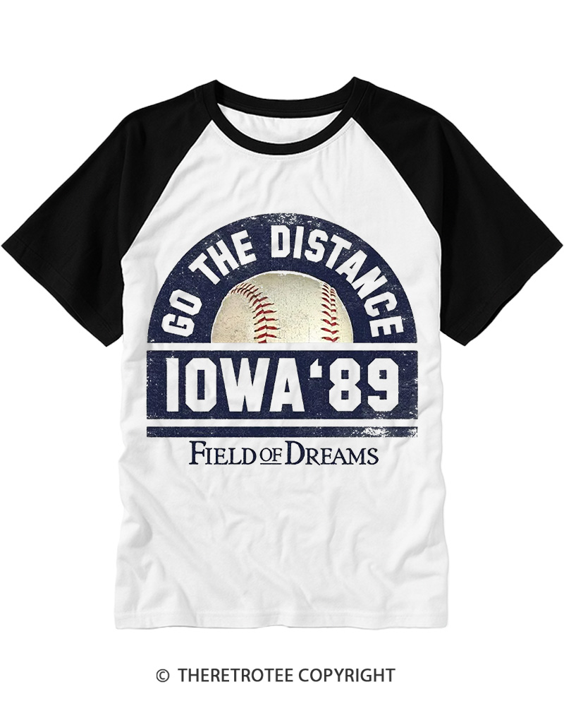 TheRetroTee Go the Distance Iowa 89 1980s Raglan Baseball T-Shirt