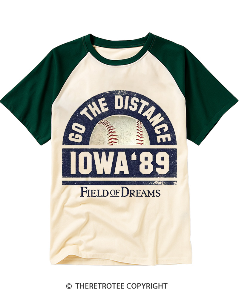 TheRetroTee Go the Distance Iowa 89 1980s Raglan Baseball T-Shirt