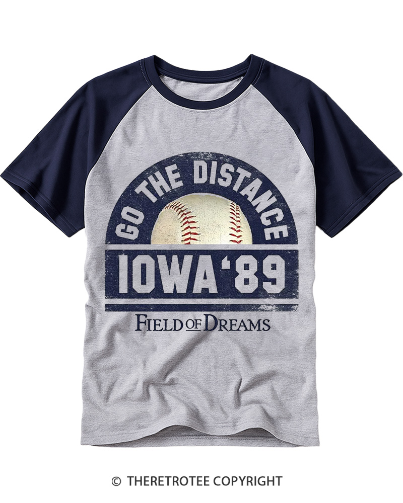 TheRetroTee Go the Distance Iowa 89 1980s Raglan Baseball T-Shirt