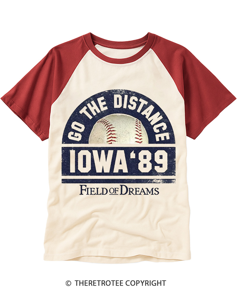 TheRetroTee Go the Distance Iowa 89 1980s Raglan Baseball T-Shirt