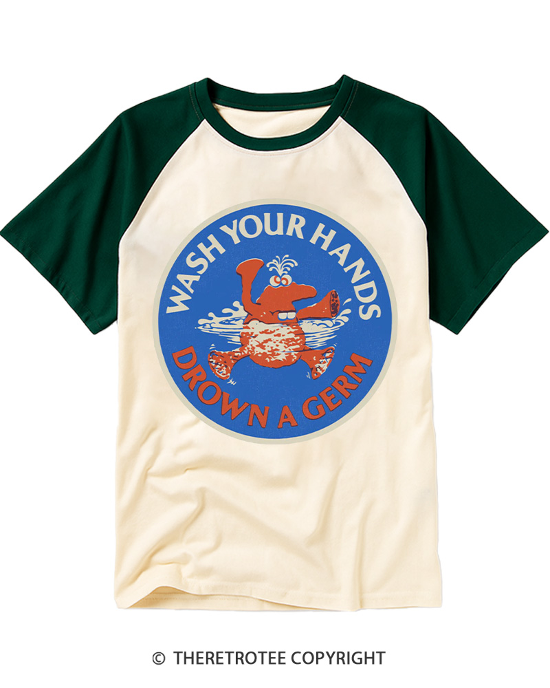 TheRetroTee Wash Your Hands Drown A Germ 1970s Raglan Baseball T-Shirt
