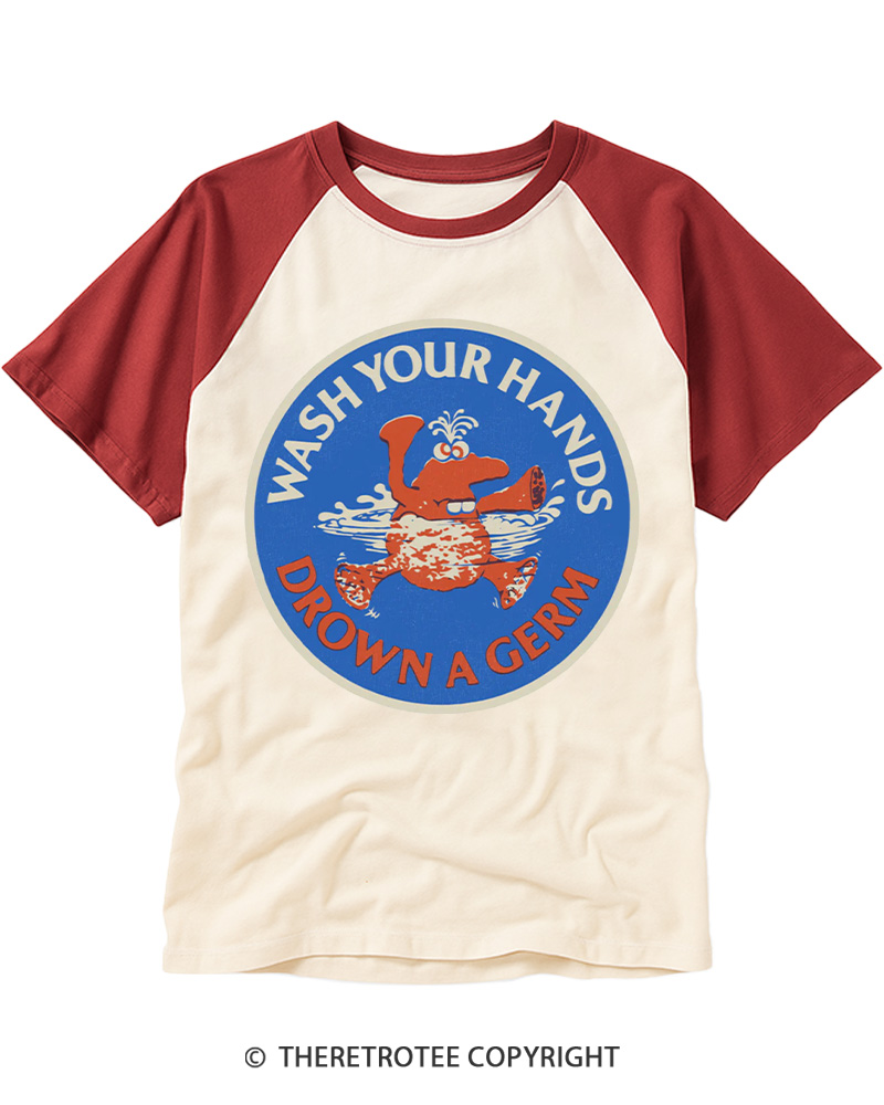 TheRetroTee Wash Your Hands Drown A Germ 1970s Raglan Baseball T-Shirt