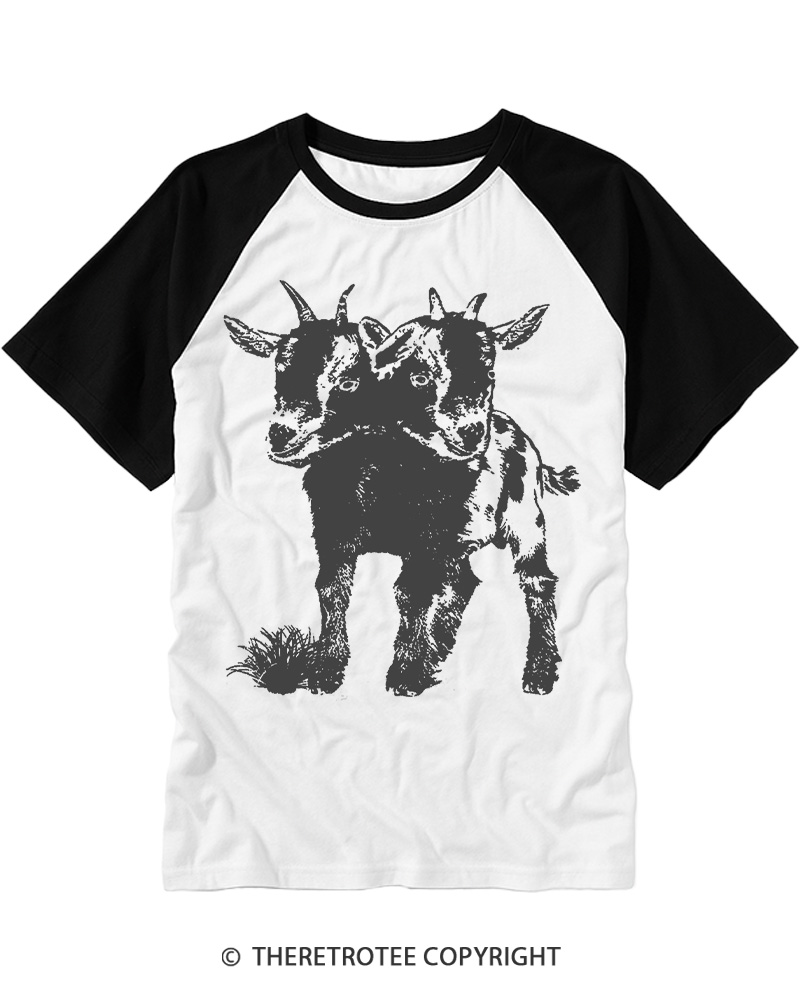 TheRetroTee Funny Weird Two Head Goat Raglan Baseball T-Shirt