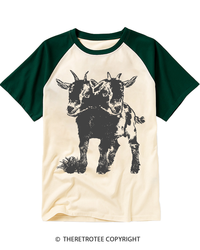 TheRetroTee Funny Weird Two Head Goat Raglan Baseball T-Shirt