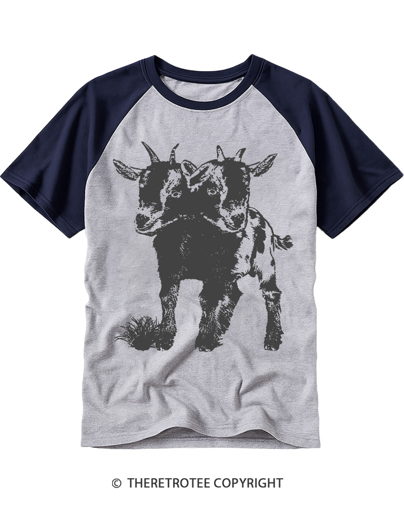 TheRetroTee Funny Weird Two Head Goat Raglan Baseball T-Shirt