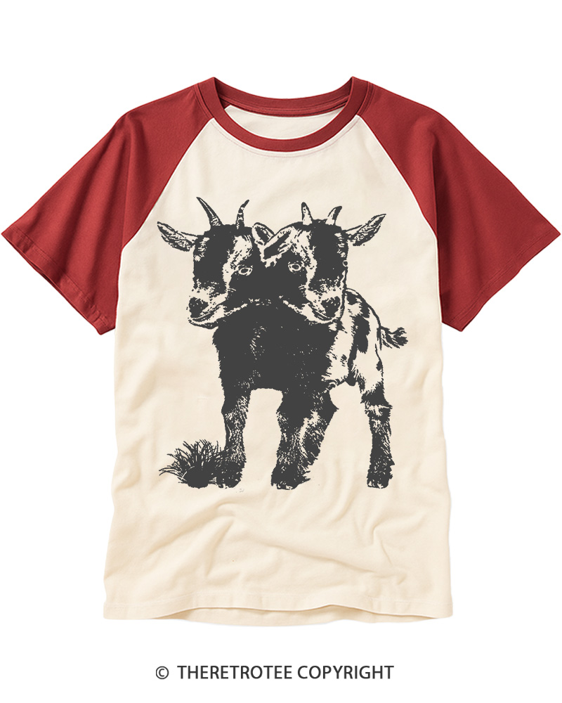 TheRetroTee Funny Weird Two Head Goat Raglan Baseball T-Shirt