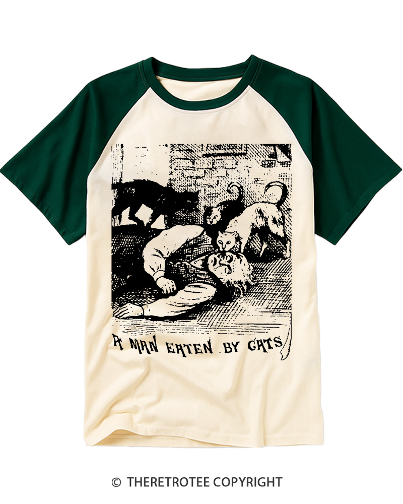 TheRetroTee Man Eaten By Cats Raglan Baseball T-Shirt