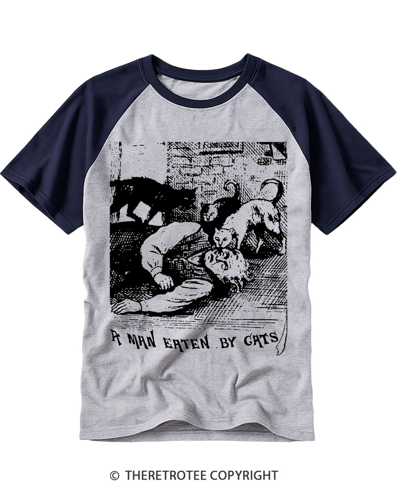 TheRetroTee Man Eaten By Cats Raglan Baseball T-Shirt
