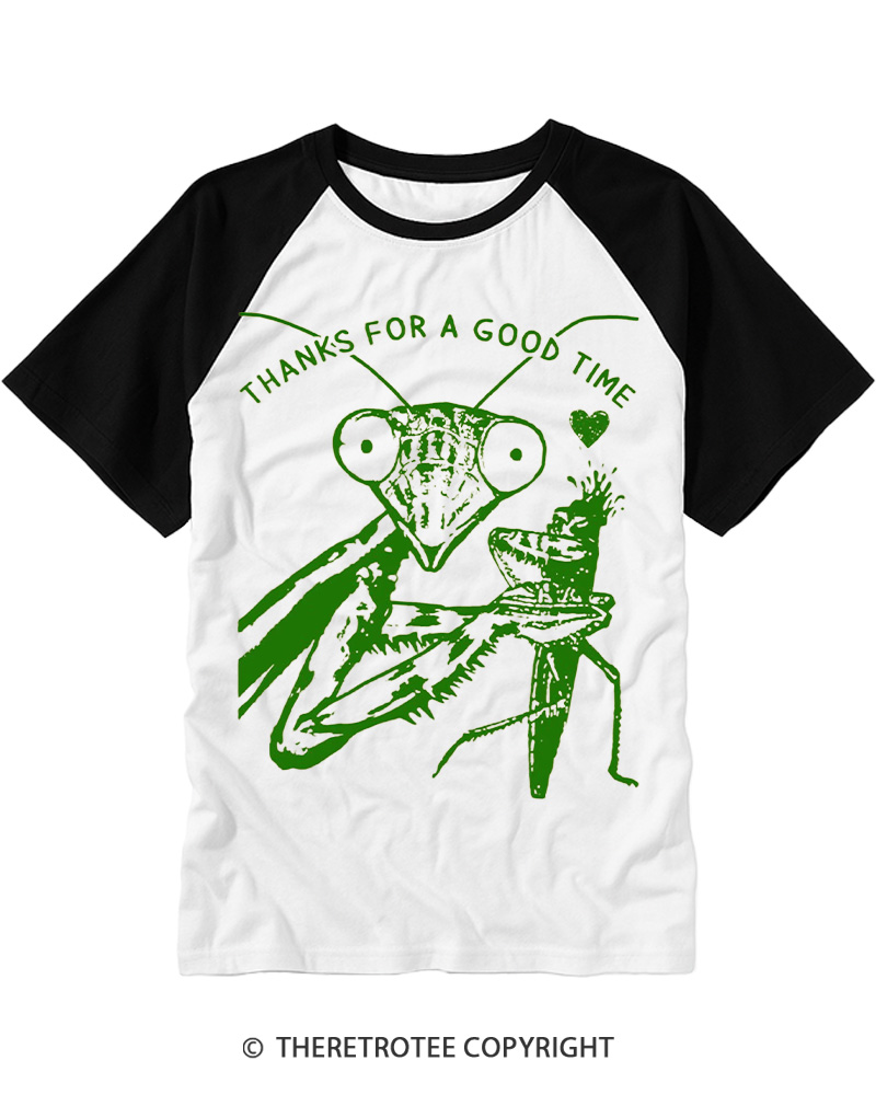 TheRetroTee Praying Mantis Thanks for a Good Time Raglan Baseball T-Shirt