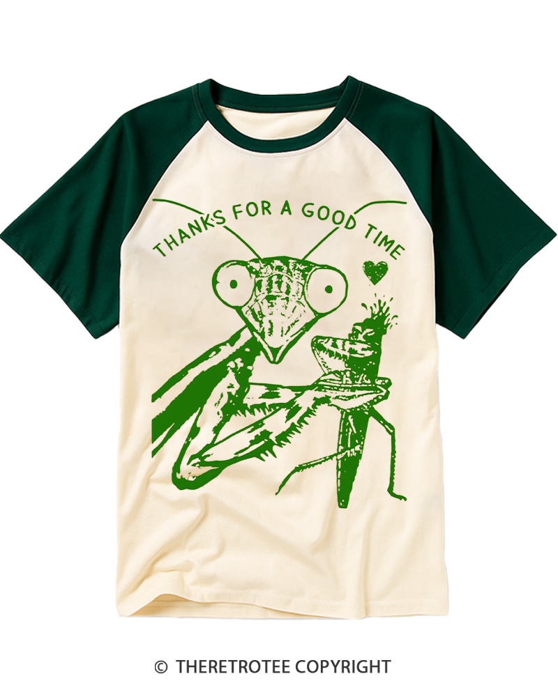 TheRetroTee Praying Mantis Thanks for a Good Time Raglan Baseball T-Shirt