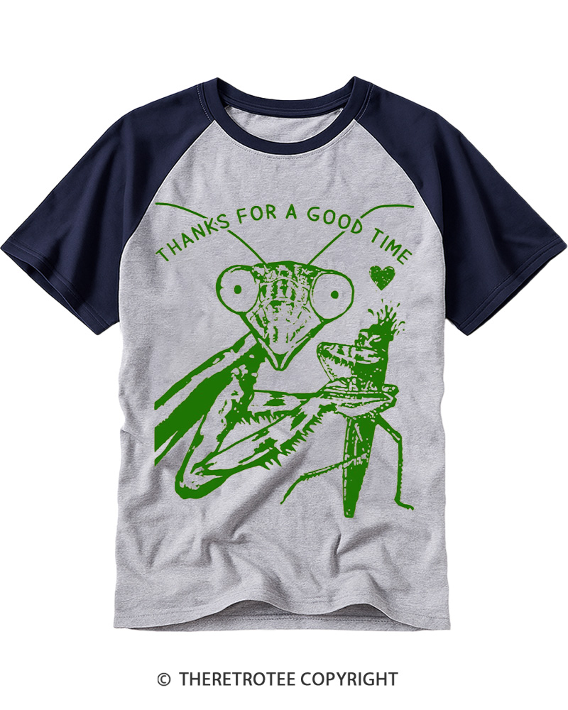 TheRetroTee Praying Mantis Thanks for a Good Time Raglan Baseball T-Shirt
