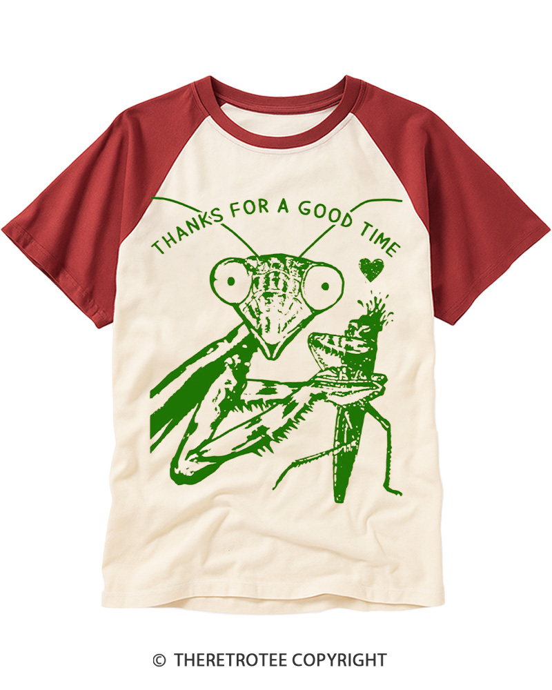 TheRetroTee Praying Mantis Thanks for a Good Time Raglan Baseball T-Shirt