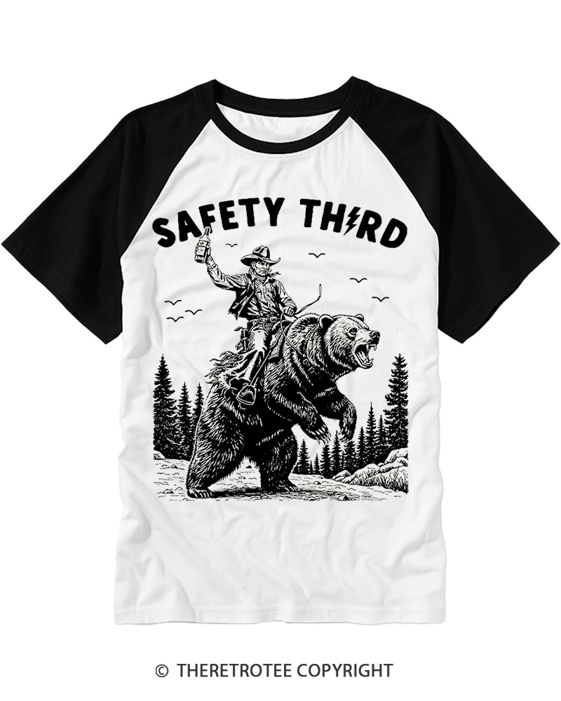 TheRetroTee Safety Third Grizzly Bear Raglan Baseball T-Shirt