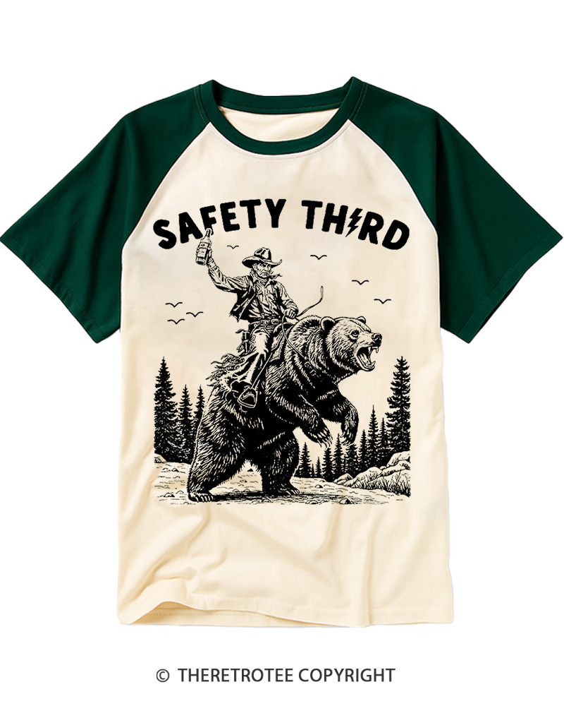 TheRetroTee Safety Third Grizzly Bear Raglan Baseball T-Shirt