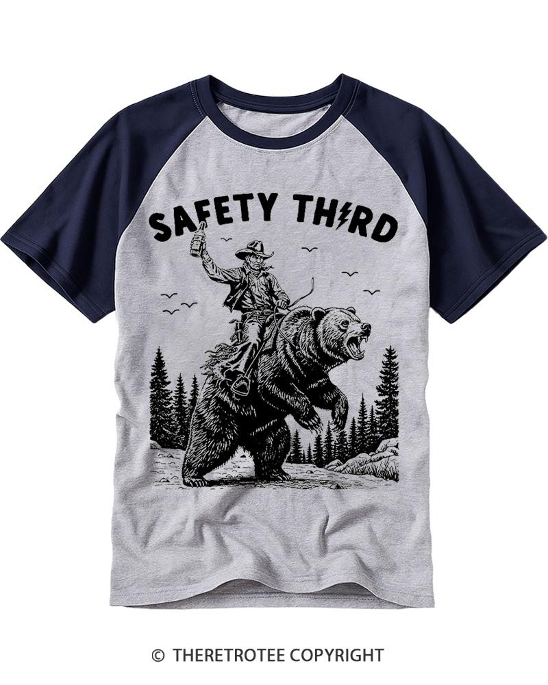 TheRetroTee Safety Third Grizzly Bear Raglan Baseball T-Shirt