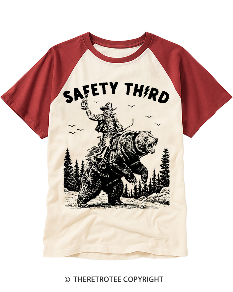 TheRetroTee Safety Third Grizzly Bear Raglan Baseball T-Shirt