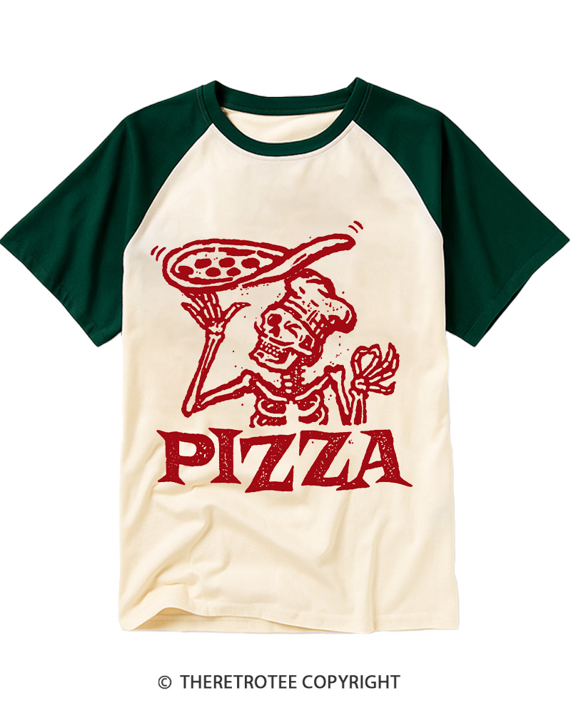 TheRetroTee Vintage Pizza Skull Raglan Baseball T-Shirt