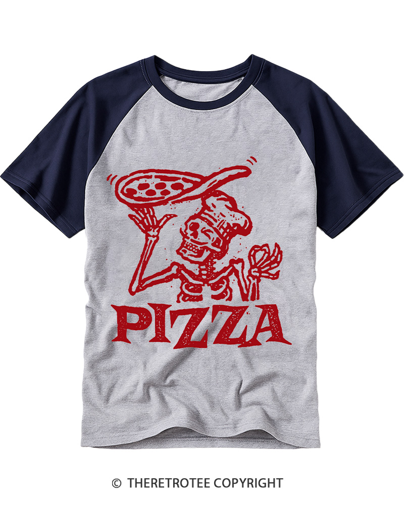 TheRetroTee Vintage Pizza Skull Raglan Baseball T-Shirt