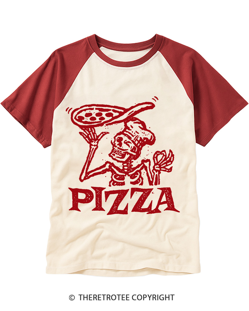 TheRetroTee Vintage Pizza Skull Raglan Baseball T-Shirt