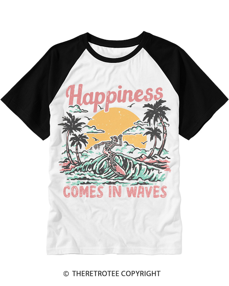 TheRetroTee Happiness Comes in Waves Raglan Baseball T-Shirt