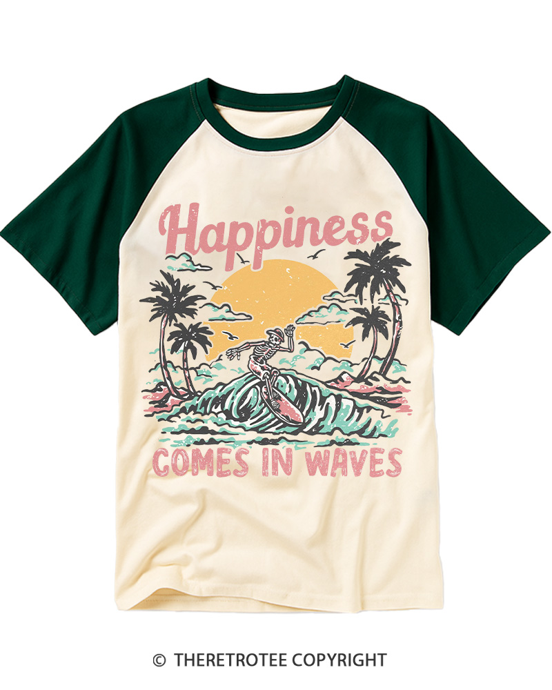 TheRetroTee Happiness Comes in Waves Raglan Baseball T-Shirt