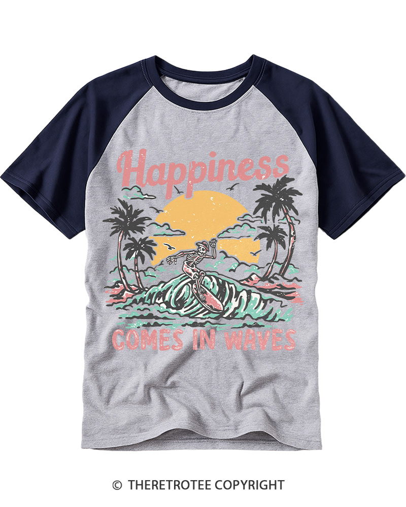 TheRetroTee Happiness Comes in Waves Raglan Baseball T-Shirt