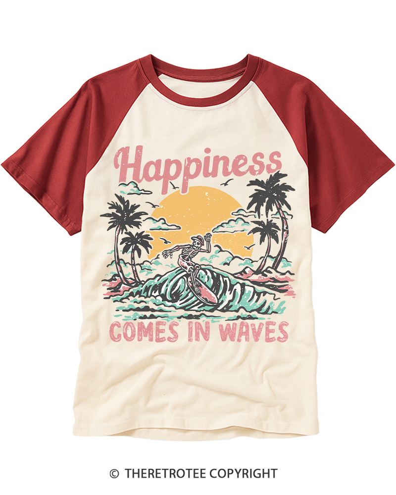 TheRetroTee Happiness Comes in Waves Raglan Baseball T-Shirt