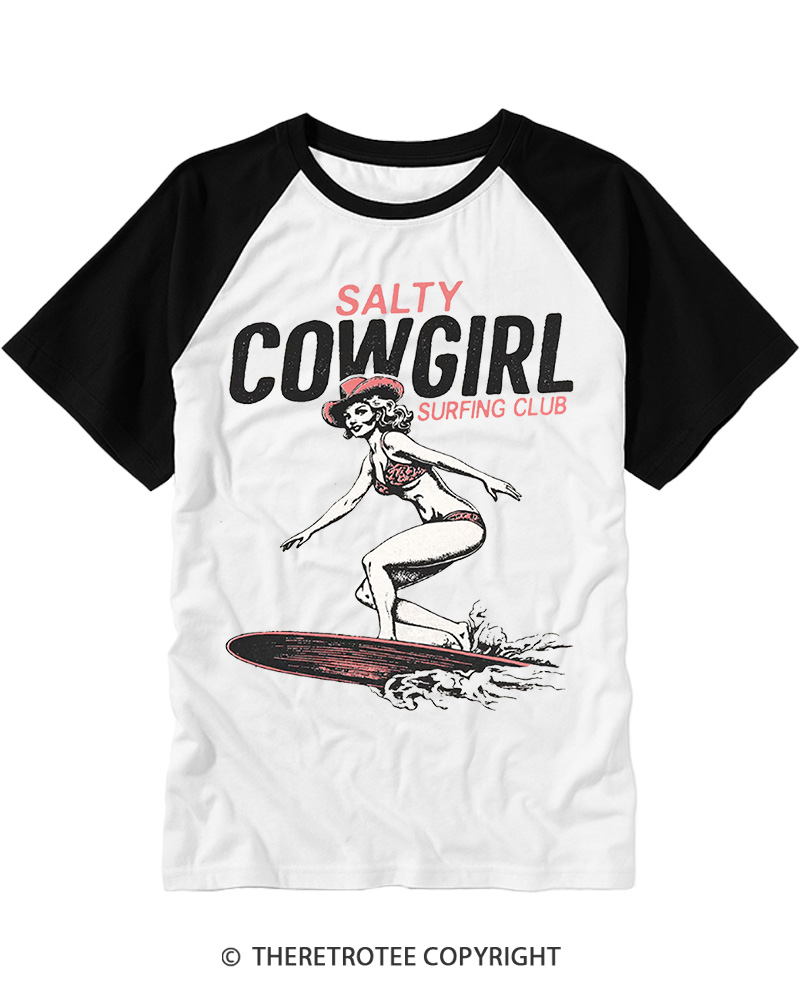 TheRetroTee Salty Cowgirl Surfing Club Raglan Baseball T-Shirt