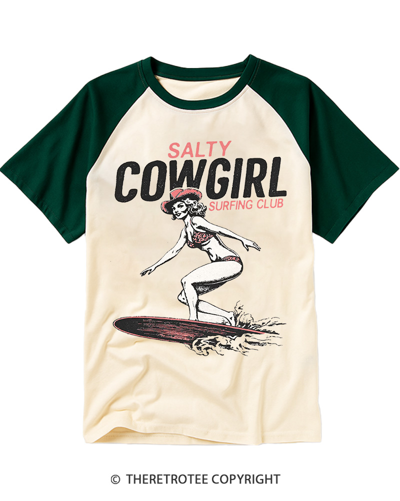 TheRetroTee Salty Cowgirl Surfing Club Raglan Baseball T-Shirt