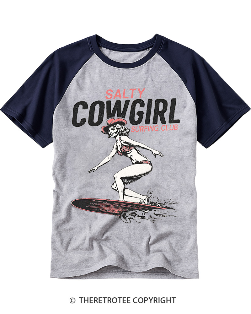 TheRetroTee Salty Cowgirl Surfing Club Raglan Baseball T-Shirt