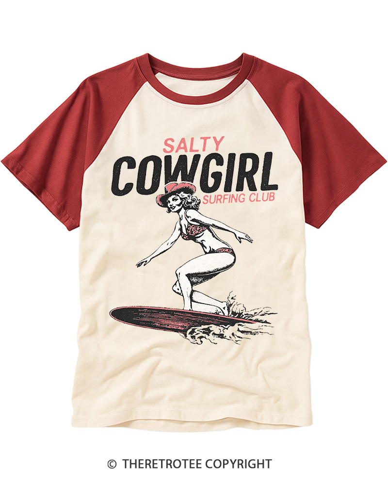 TheRetroTee Salty Cowgirl Surfing Club Raglan Baseball T-Shirt