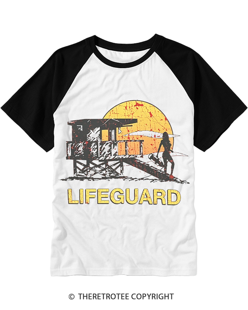 TheRetroTee Lifeguard Sunset 1990s Raglan Baseball T-Shirt