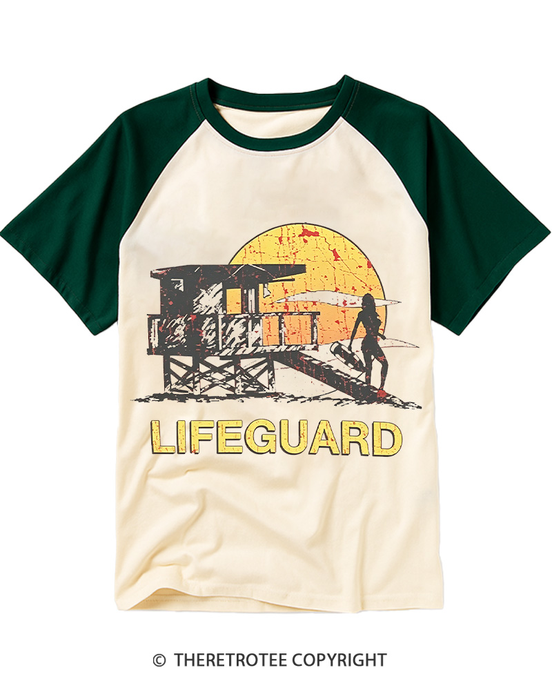 TheRetroTee Lifeguard Sunset 1990s Raglan Baseball T-Shirt