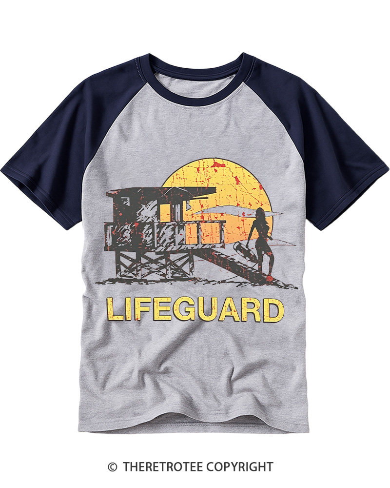 TheRetroTee Lifeguard Sunset 1990s Raglan Baseball T-Shirt